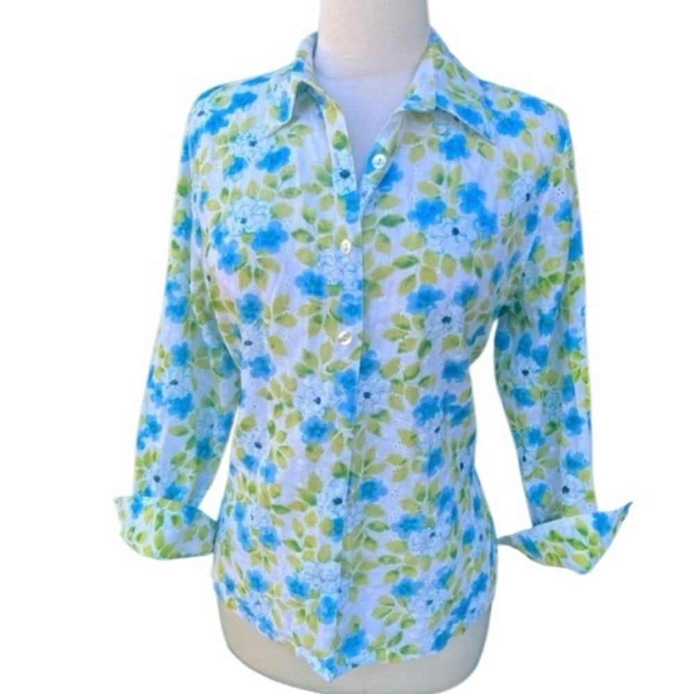 CLASSIC ELEMENTS- XL PETITE  Blue and Green Floral 🌷Women's Button Down Shirt